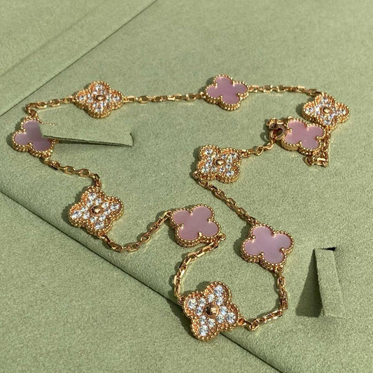 [Gaonasi]CLOVER 10 MOTIFS DIAMOND PINK MOP NECKLACE