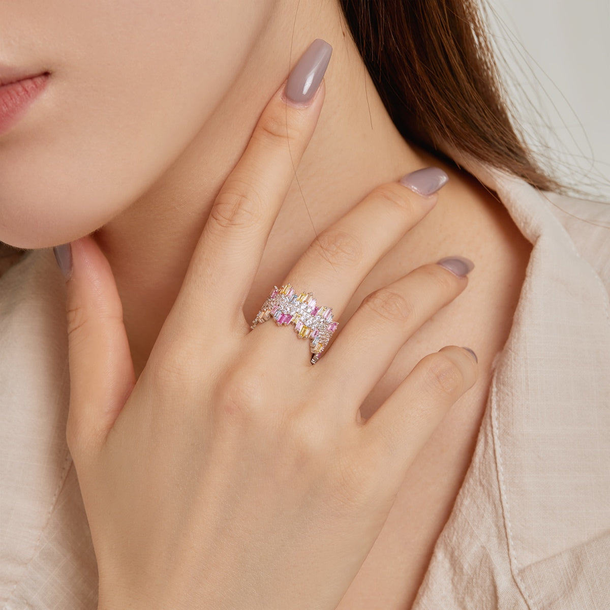 [Gaonasi]Luxurious Colorful Radiant Cut Daily Ring