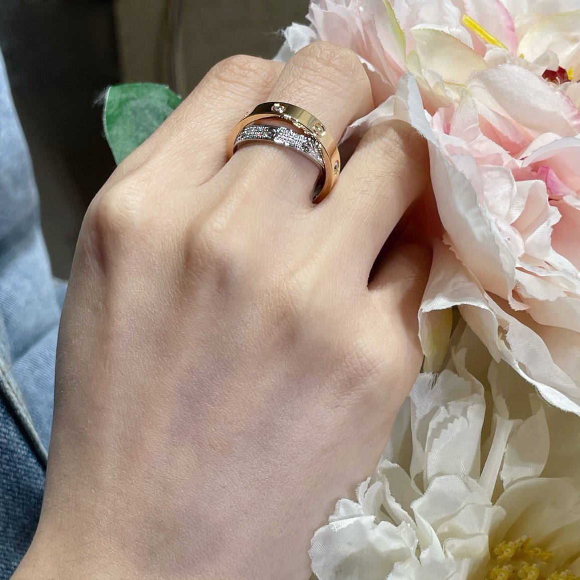 [Gaonasi]LOVE PINK GOLD SILVER DIAMOND DOUBLE RING