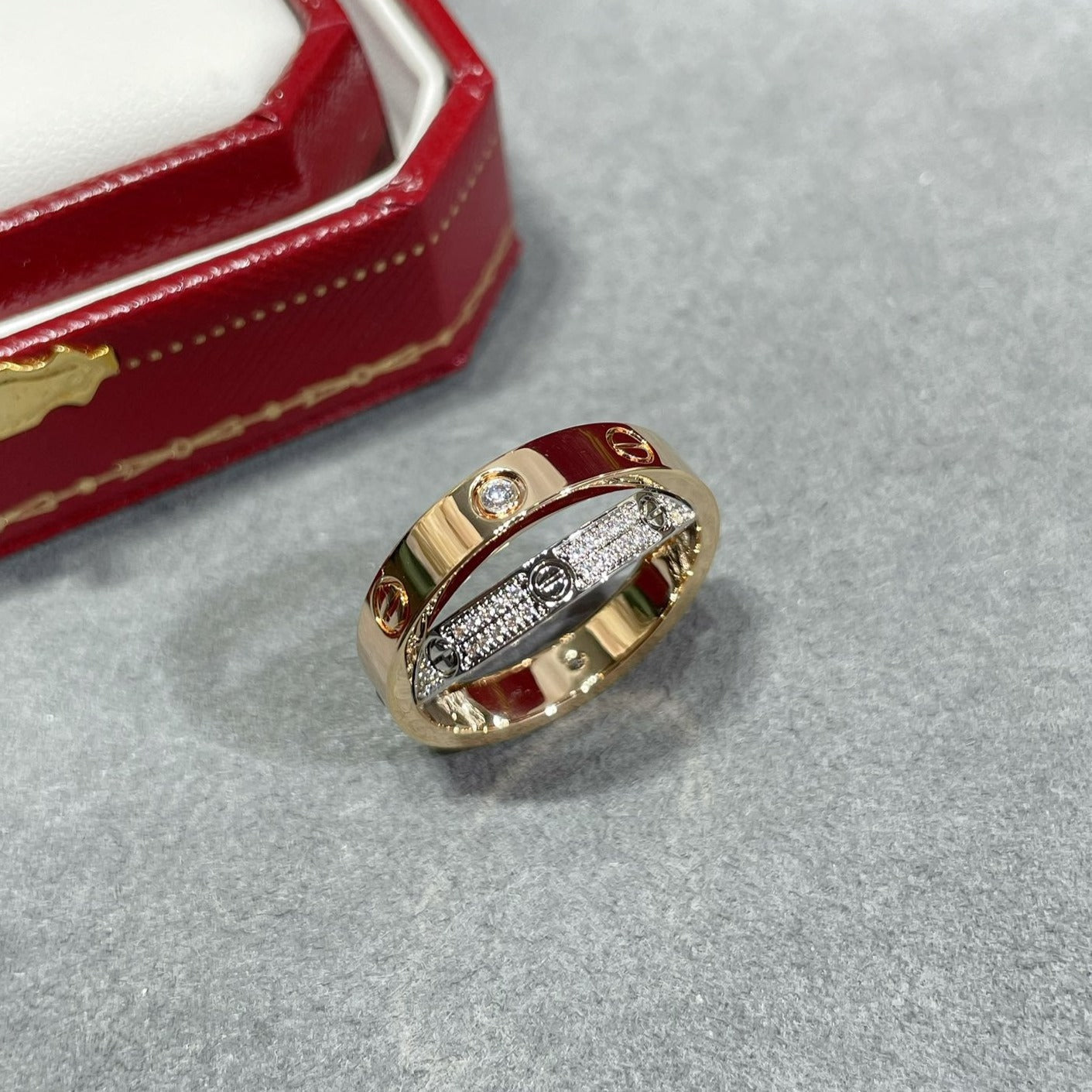 [Gaonasi]LOVE PINK GOLD SILVER DIAMOND DOUBLE RING