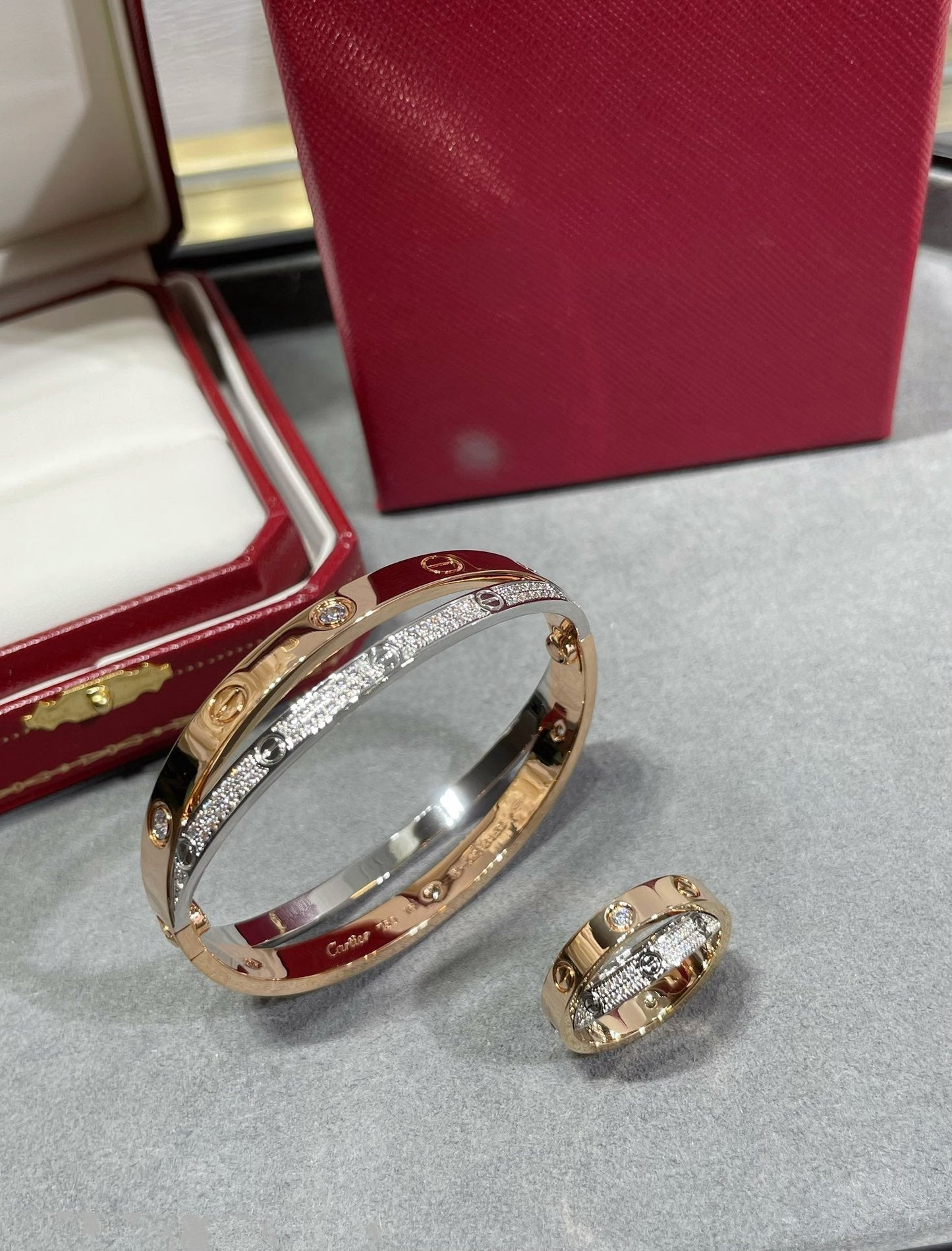 [Gaonasi]LOVE PINK GOLD SILVER DIAMOND DOUBLE RING