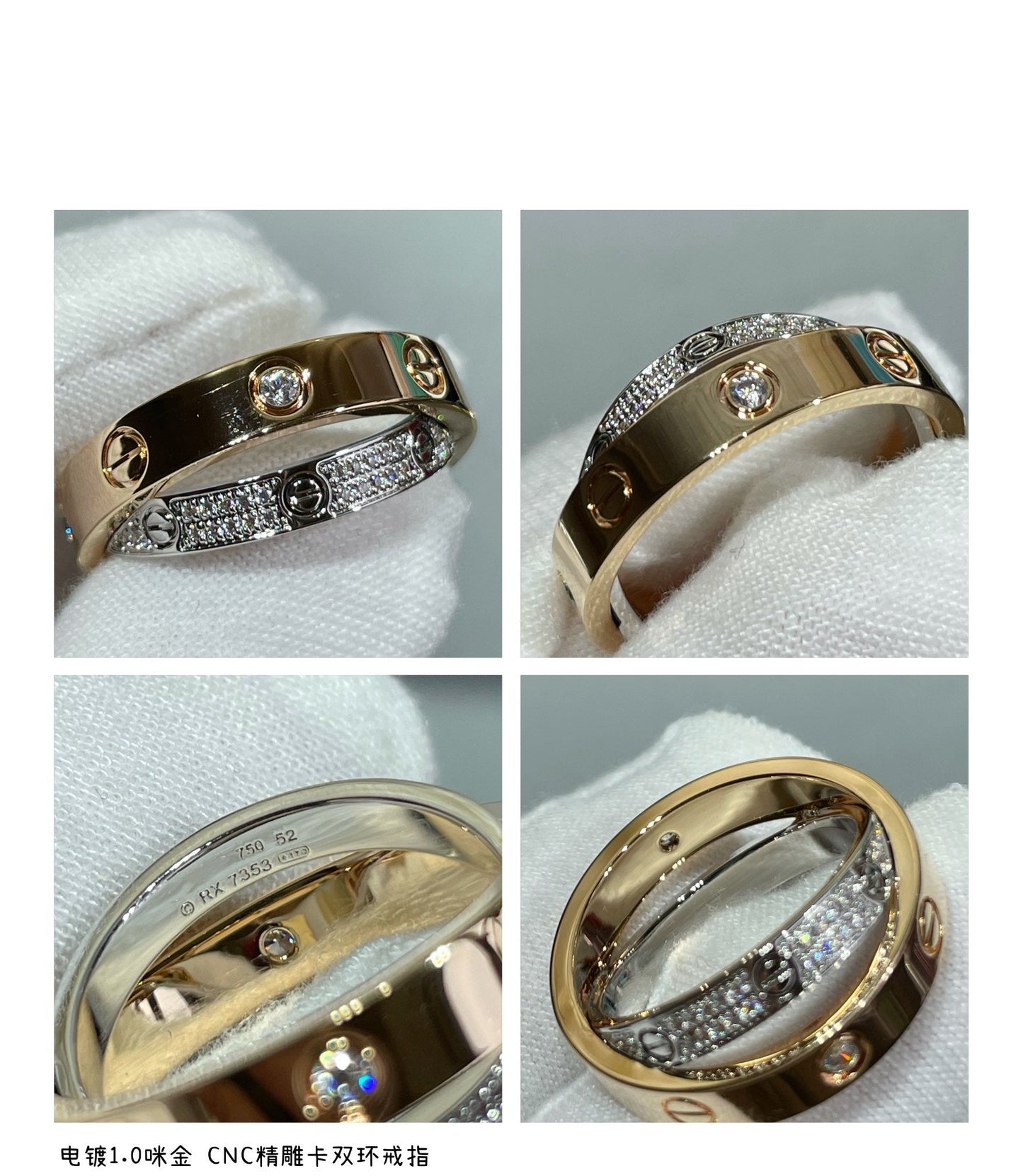 [Gaonasi]LOVE PINK GOLD SILVER DIAMOND DOUBLE RING
